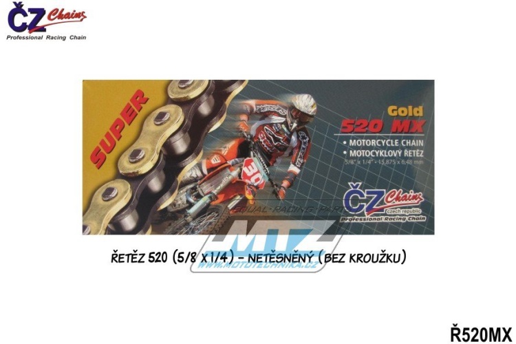 Řetěz ČZ 520 MX (118čl) - netěsněný/ bezkroužkový (zlatý)